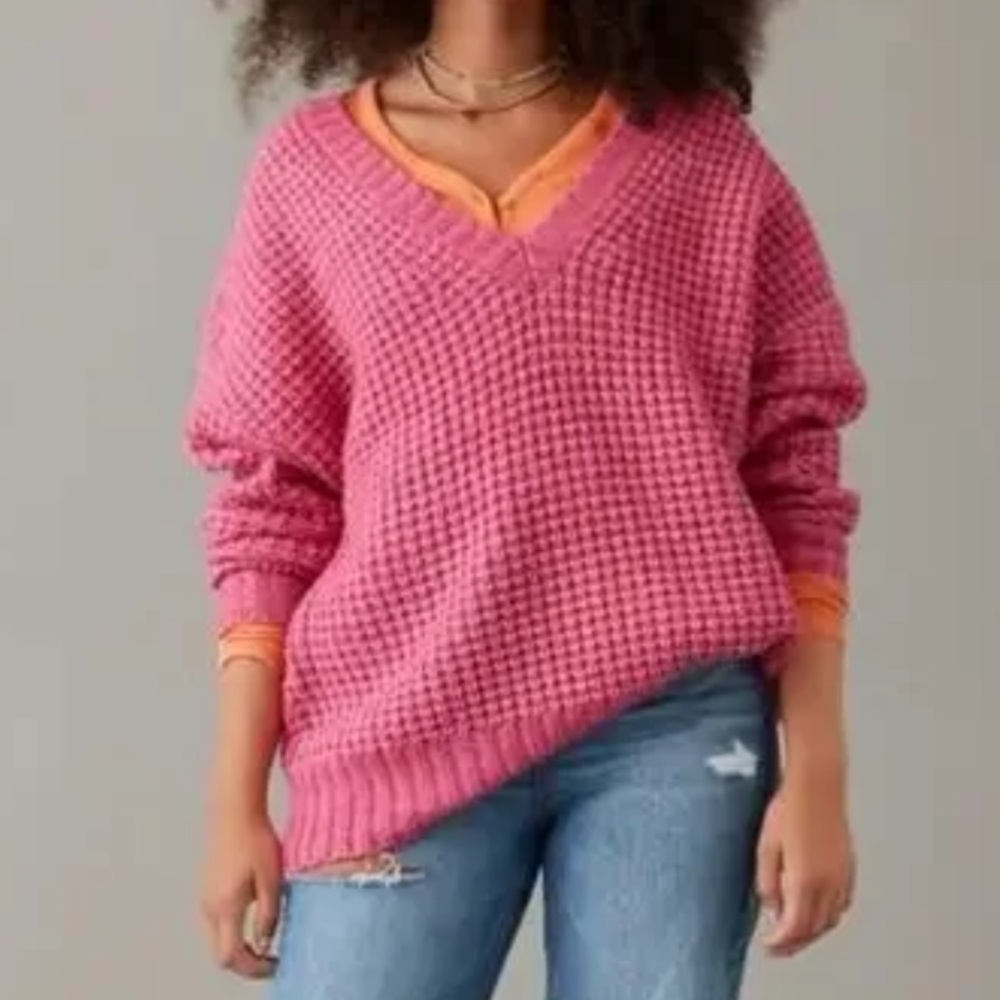American Eagle Women S Pink Oversized Whoa So Cozy Waffle Knit V-Neck Sweater